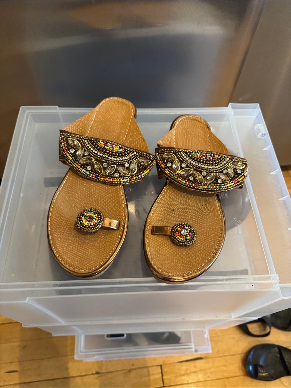 Beaded Leather Toe-Ring Sandals - Tan with Multicolor Accents